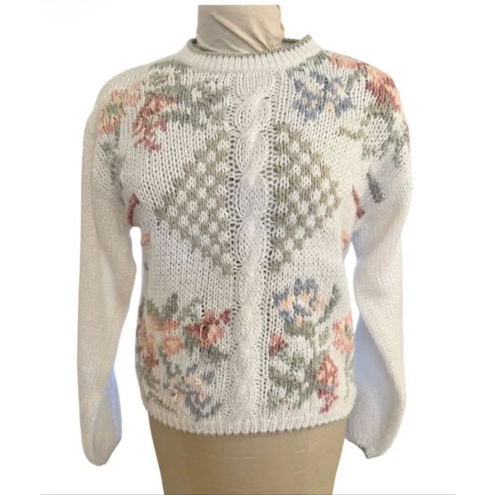 Allison Brittney Pastel Floral Hand Knit Sweater Medium